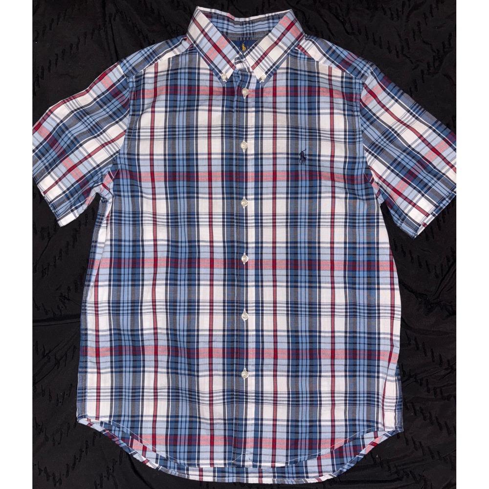 Polo Ralph Lauren Boy' Blue/Red Plaid Short Sleeve Cotton Oxford Shirt, L 14/16